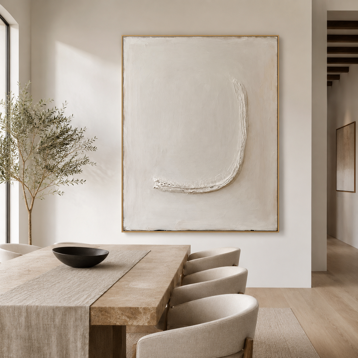 Minimalist textured abstract wall art with raised white arc on soft cream beige background