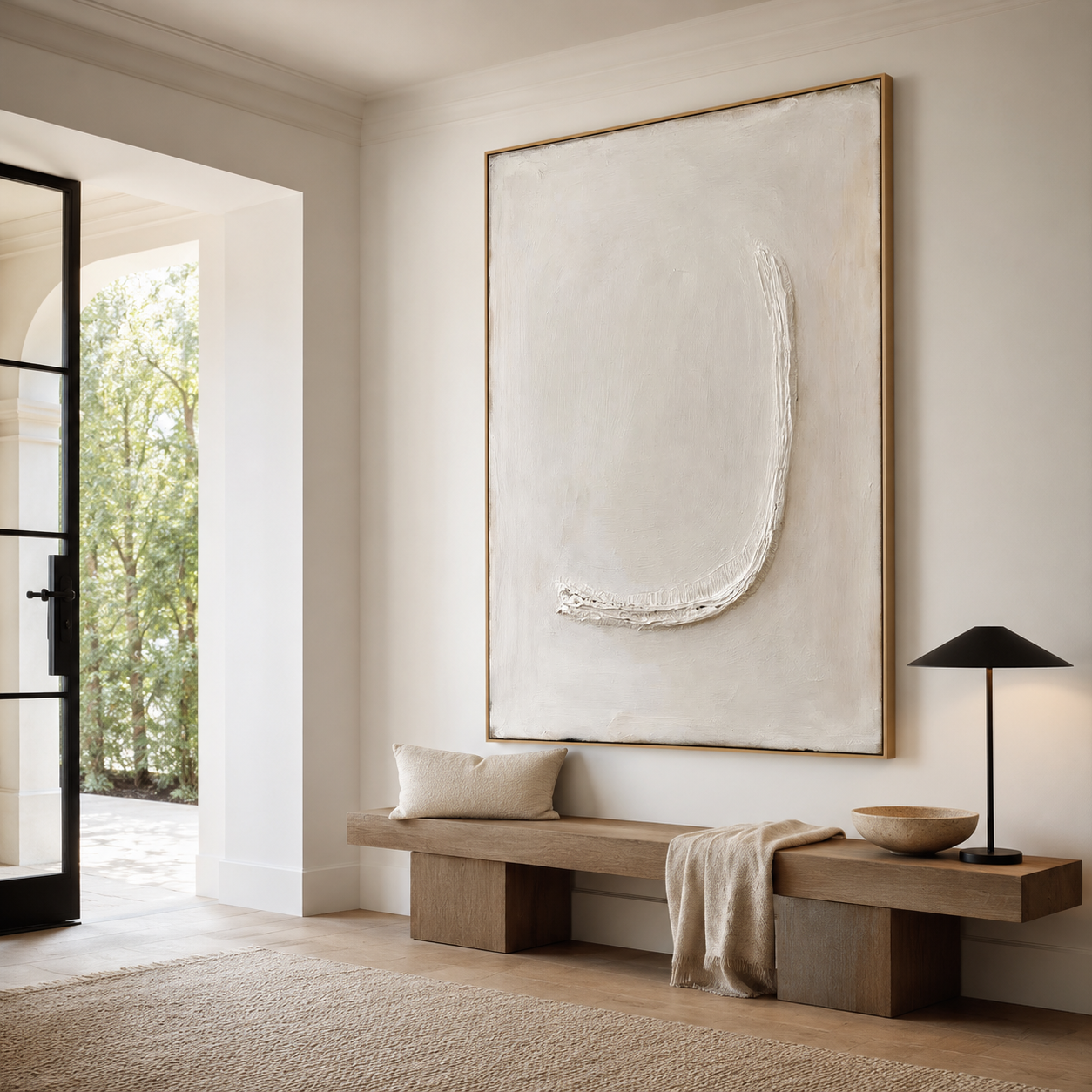 Minimalist textured abstract wall art with raised white arc on soft cream beige background