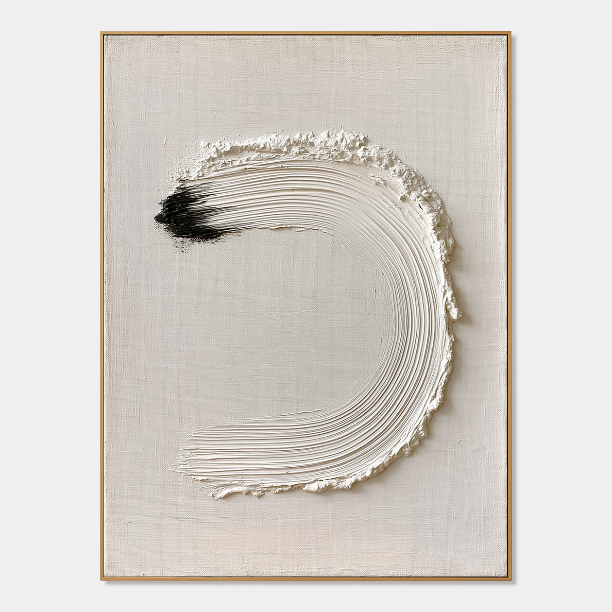 Minimalist textured abstract wall art with raised white arc brushstroke and black accent on neutral cream background