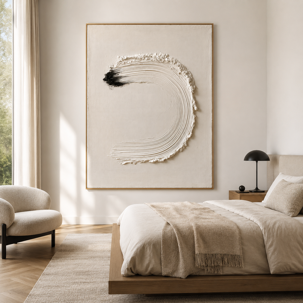 Minimalist textured abstract wall art with raised white arc brushstroke and black accent on neutral cream background
