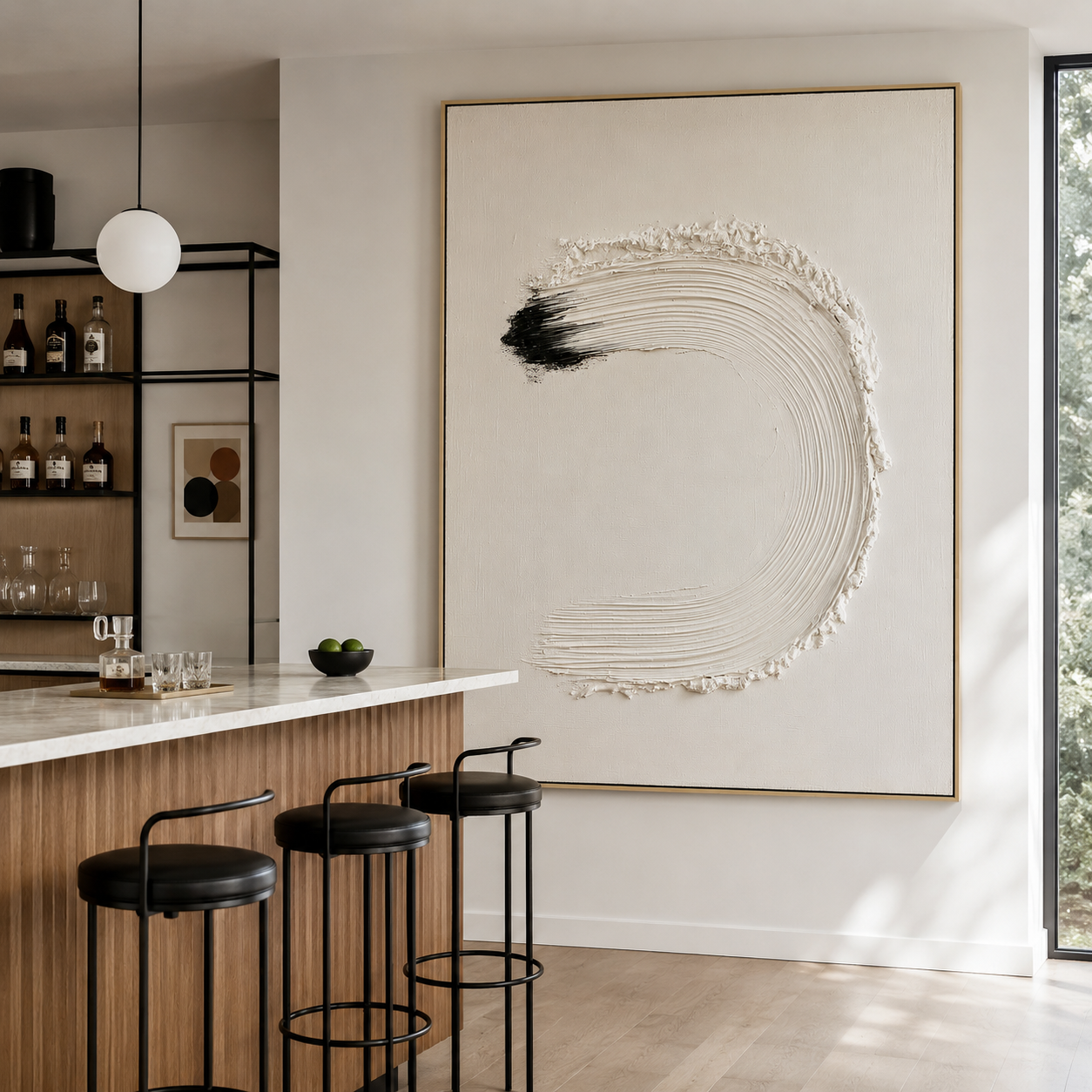 Minimalist textured abstract wall art with raised white arc brushstroke and black accent on neutral cream background