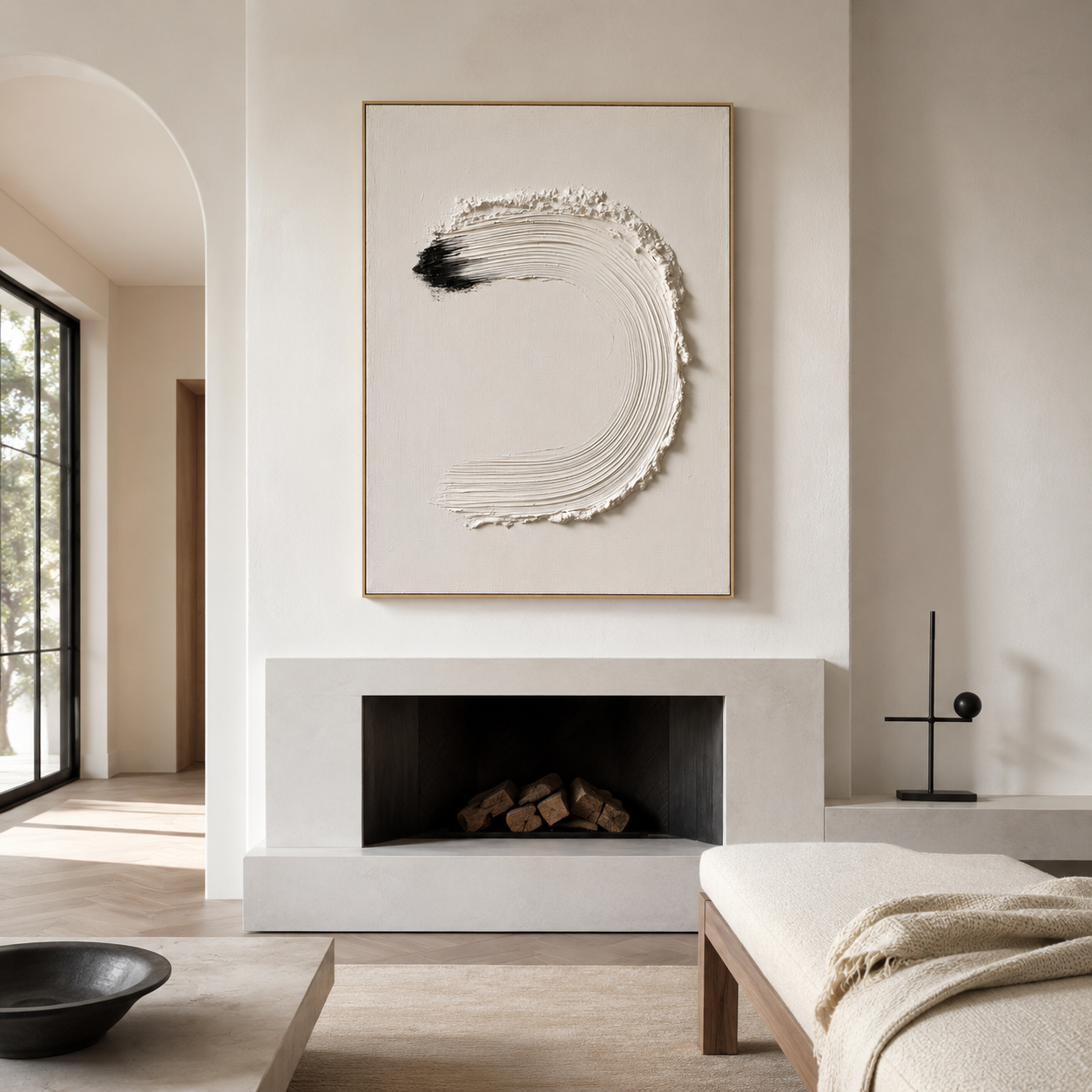 Minimalist textured abstract wall art with raised white arc brushstroke and black accent on neutral cream background