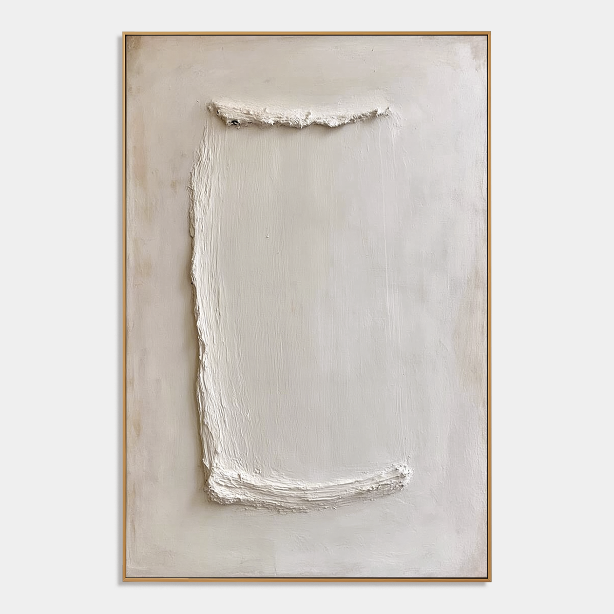 Minimalist textured abstract wall art with raised white rectangular brushstroke on soft cream beige background