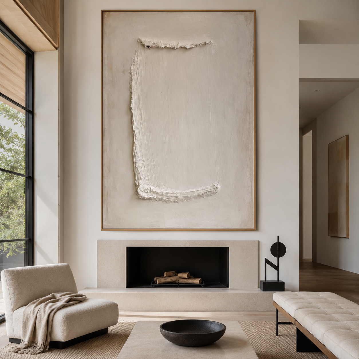 Minimalist textured abstract wall art with raised white rectangular brushstroke on soft cream beige background