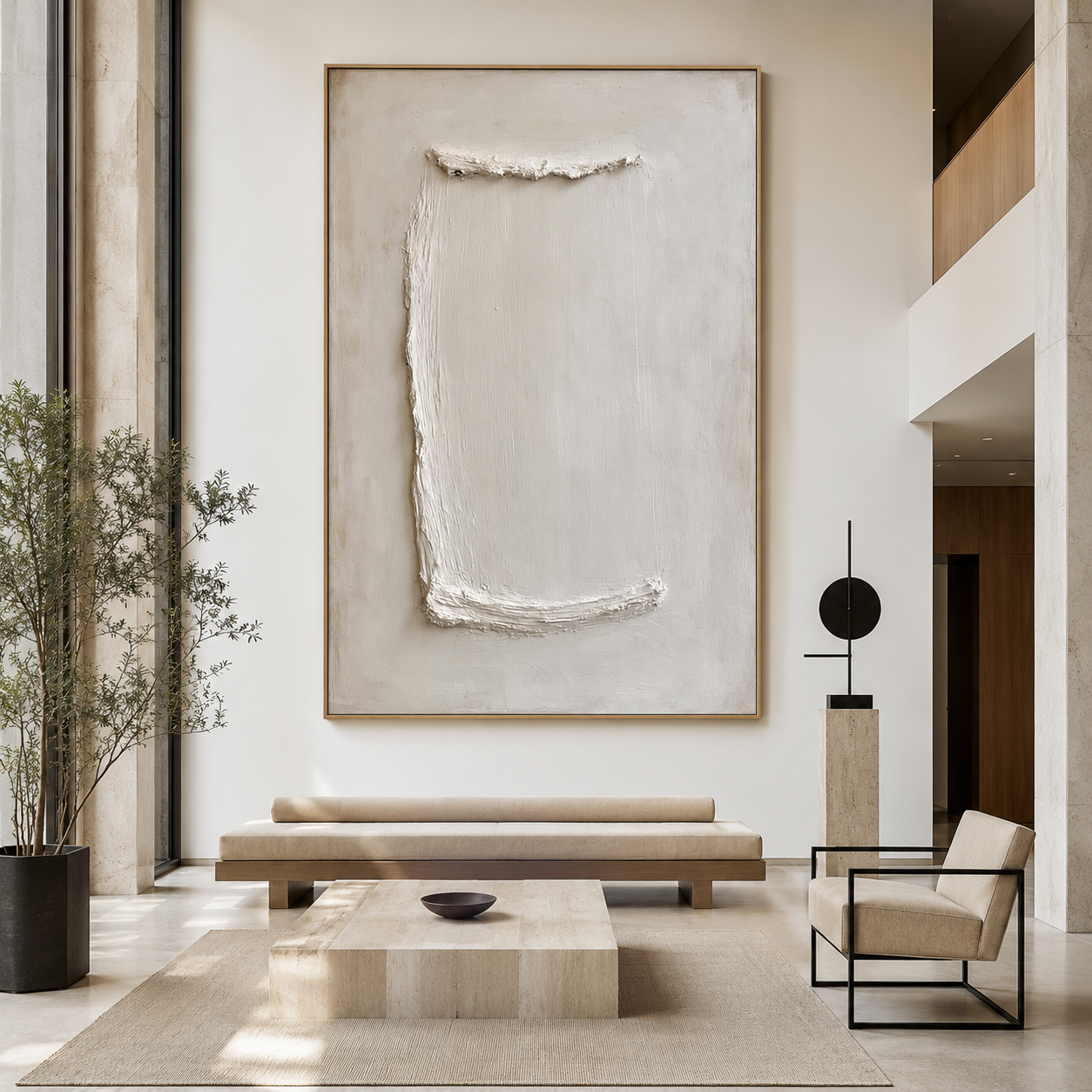 Minimalist textured abstract wall art with raised white rectangular brushstroke on soft cream beige background