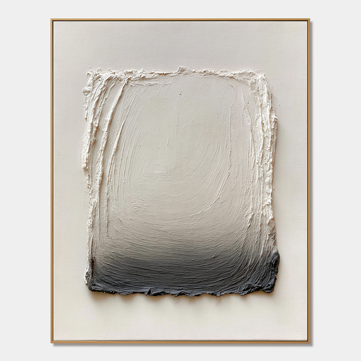 Neutral textured abstract wall art with raised cream rectangle fading into charcoal black on a warm white background