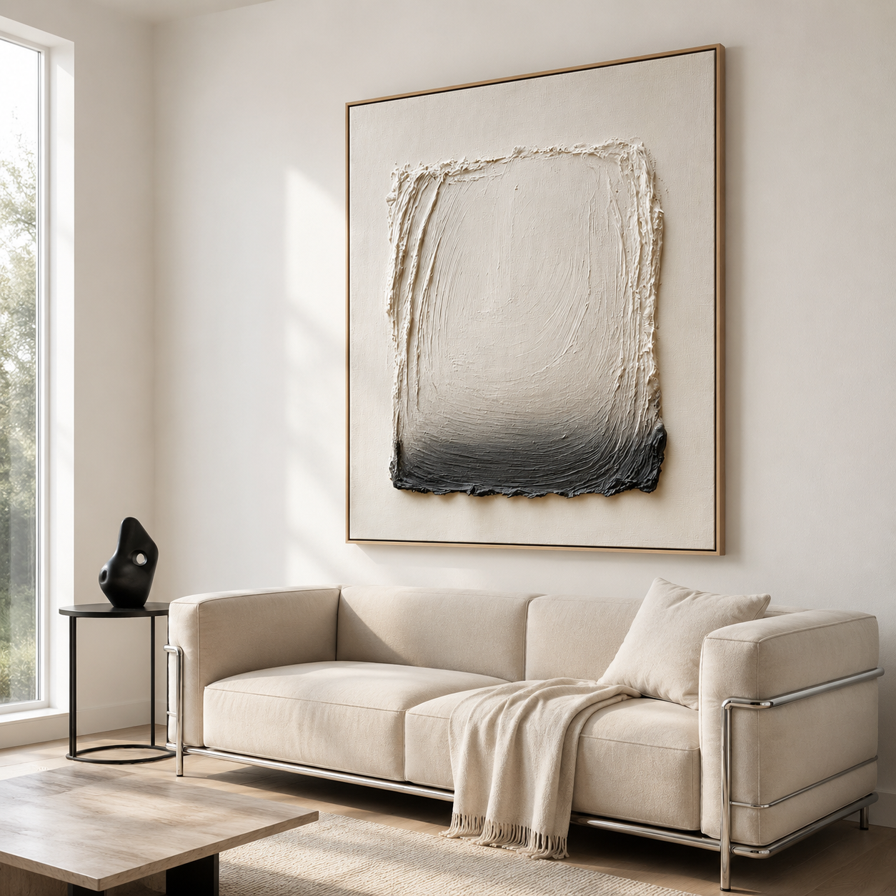 Neutral textured abstract wall art with raised cream rectangle fading into charcoal black on a warm white background
