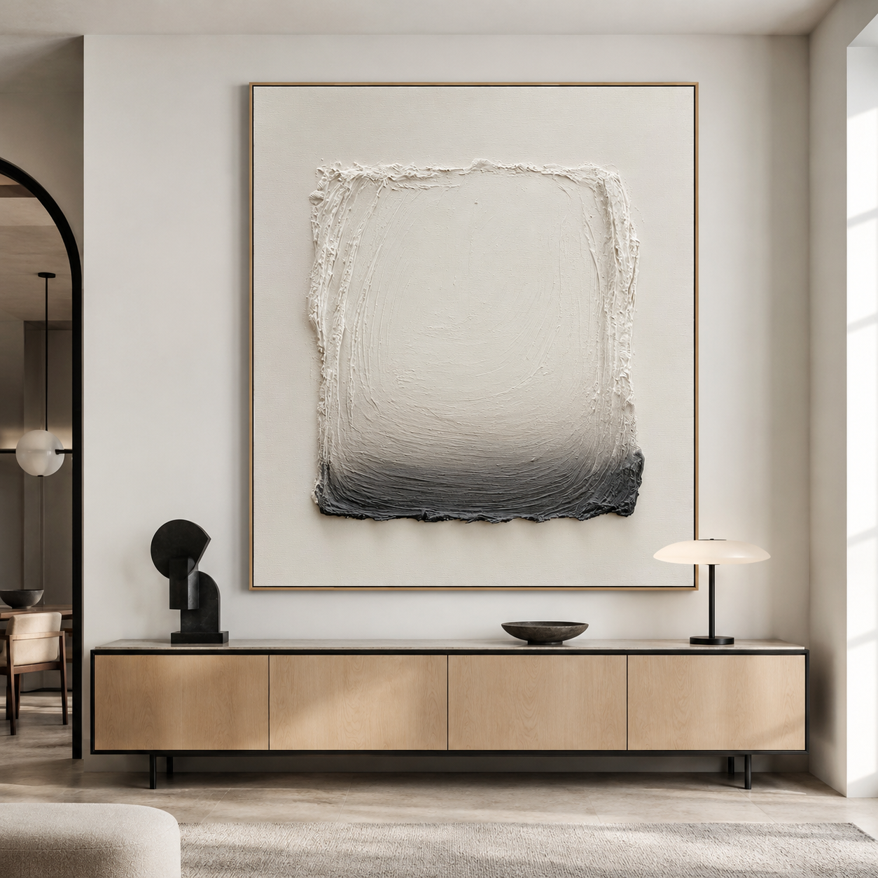 Neutral textured abstract wall art with raised cream rectangle fading into charcoal black on a warm white background
