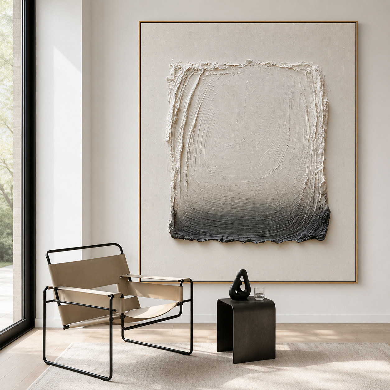 Neutral textured abstract wall art with raised cream rectangle fading into charcoal black on a warm white background