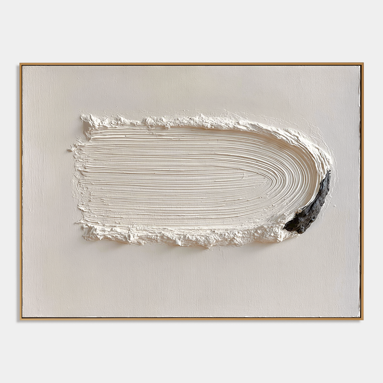 Minimalist textured abstract wall art with raised white horizontal brushstroke and black accent on neutral cream background