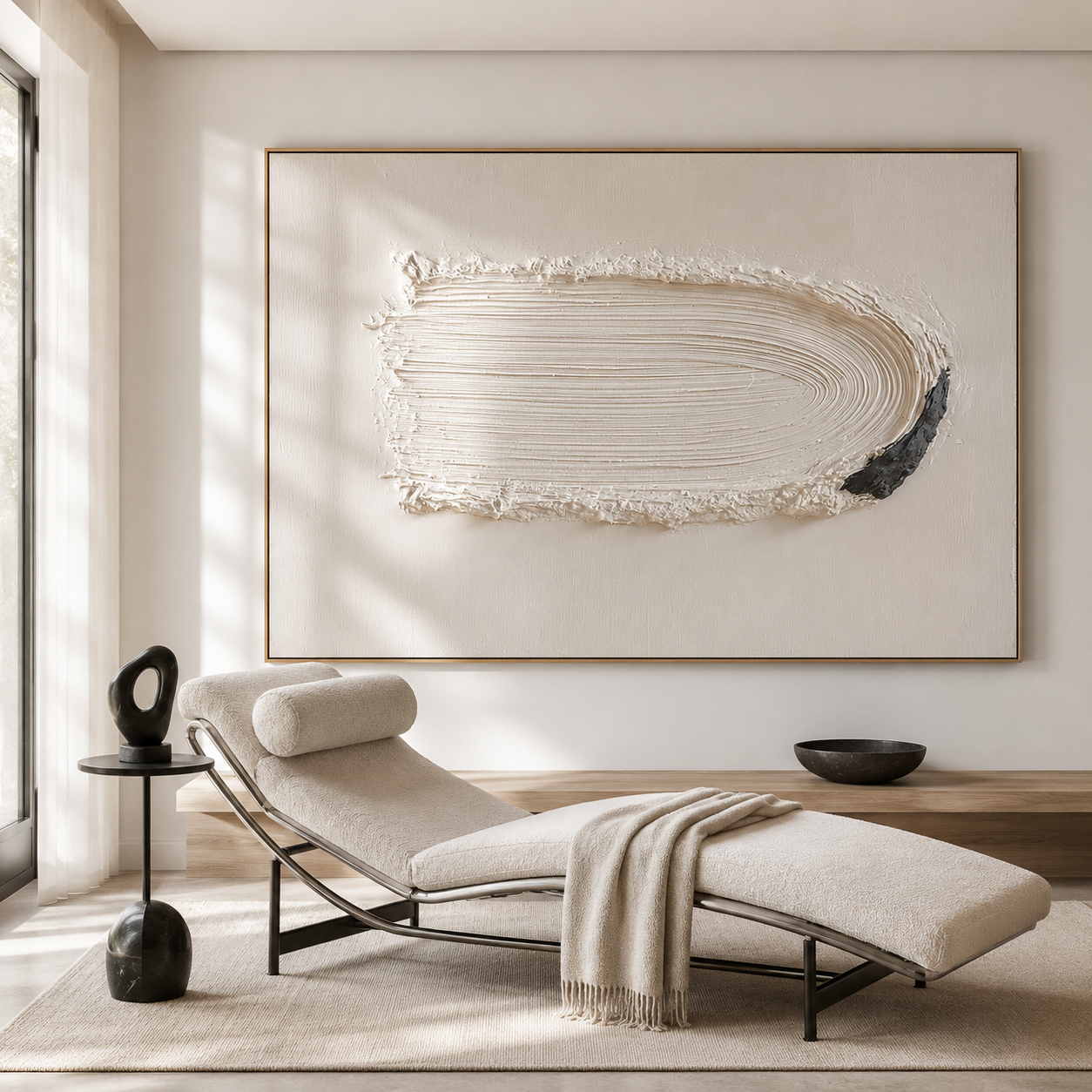 Minimalist textured abstract wall art with raised white horizontal brushstroke and black accent on neutral cream background