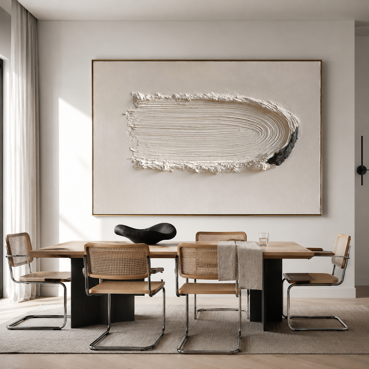 Minimalist textured abstract wall art with raised white horizontal brushstroke and black accent on neutral cream background
