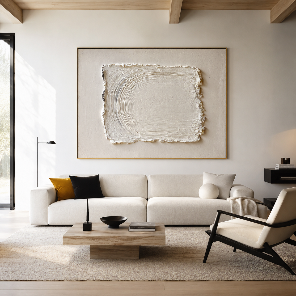 Minimalist textured abstract wall art with raised white rectangle brushstroke on soft cream beige background
