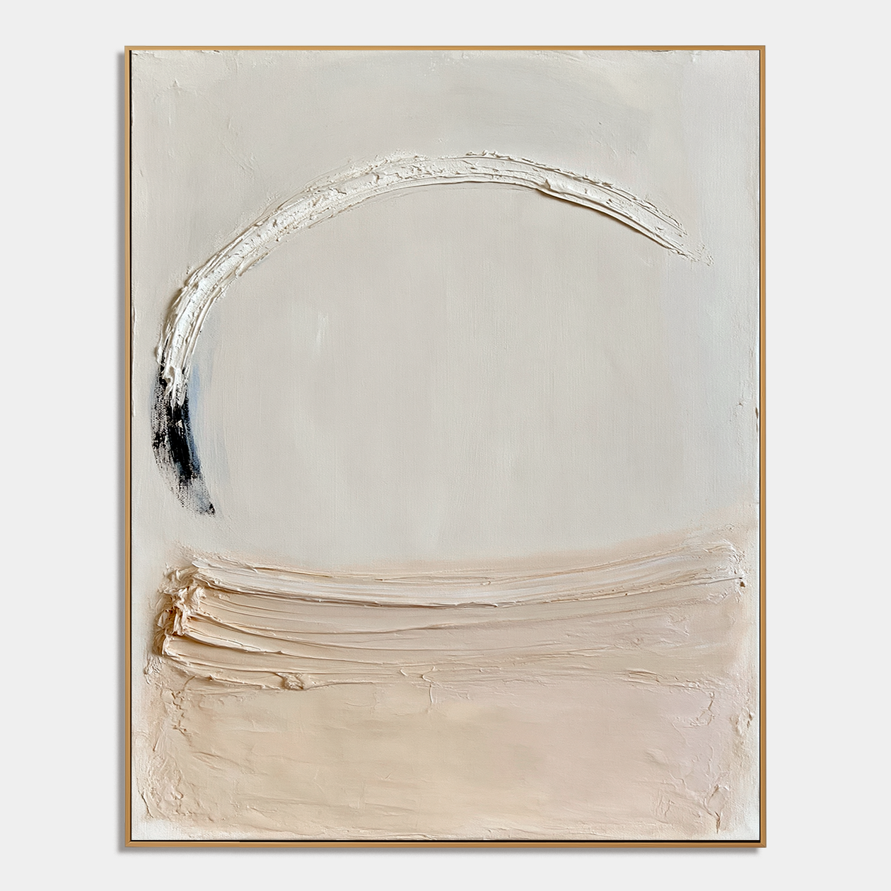 Minimalist textured abstract wall art with raised white arc, soft beige brushstroke, and black accent on neutral cream background