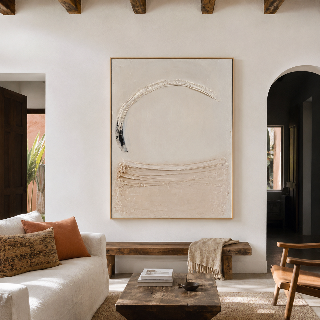 Minimalist textured abstract wall art with raised white arc, soft beige brushstroke, and black accent on neutral cream background