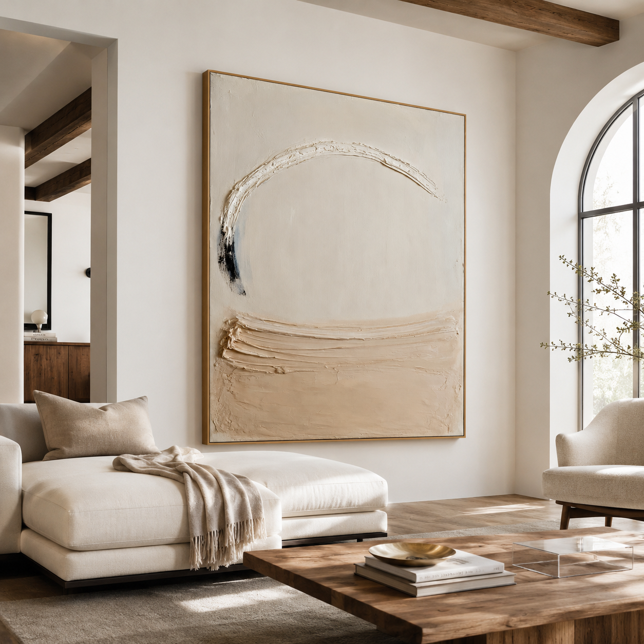 Minimalist textured abstract wall art with raised white arc, soft beige brushstroke, and black accent on neutral cream background