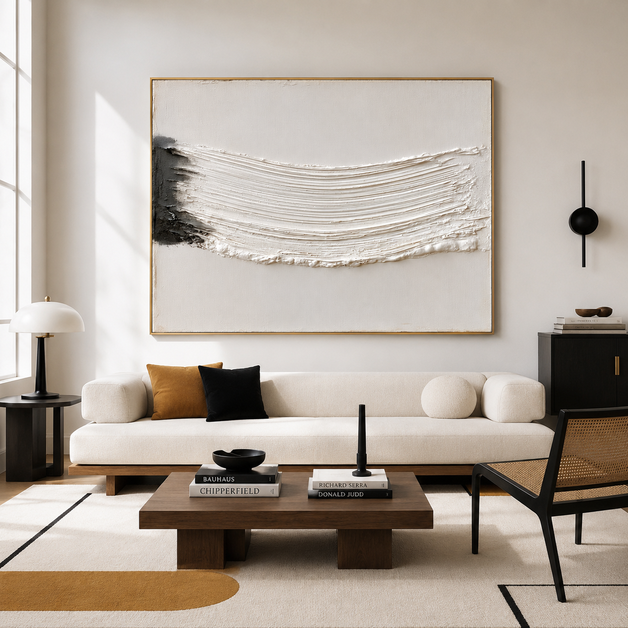 Minimalist textured abstract wall art with raised white wave brushstroke and dark gray black accent on neutral beige background
