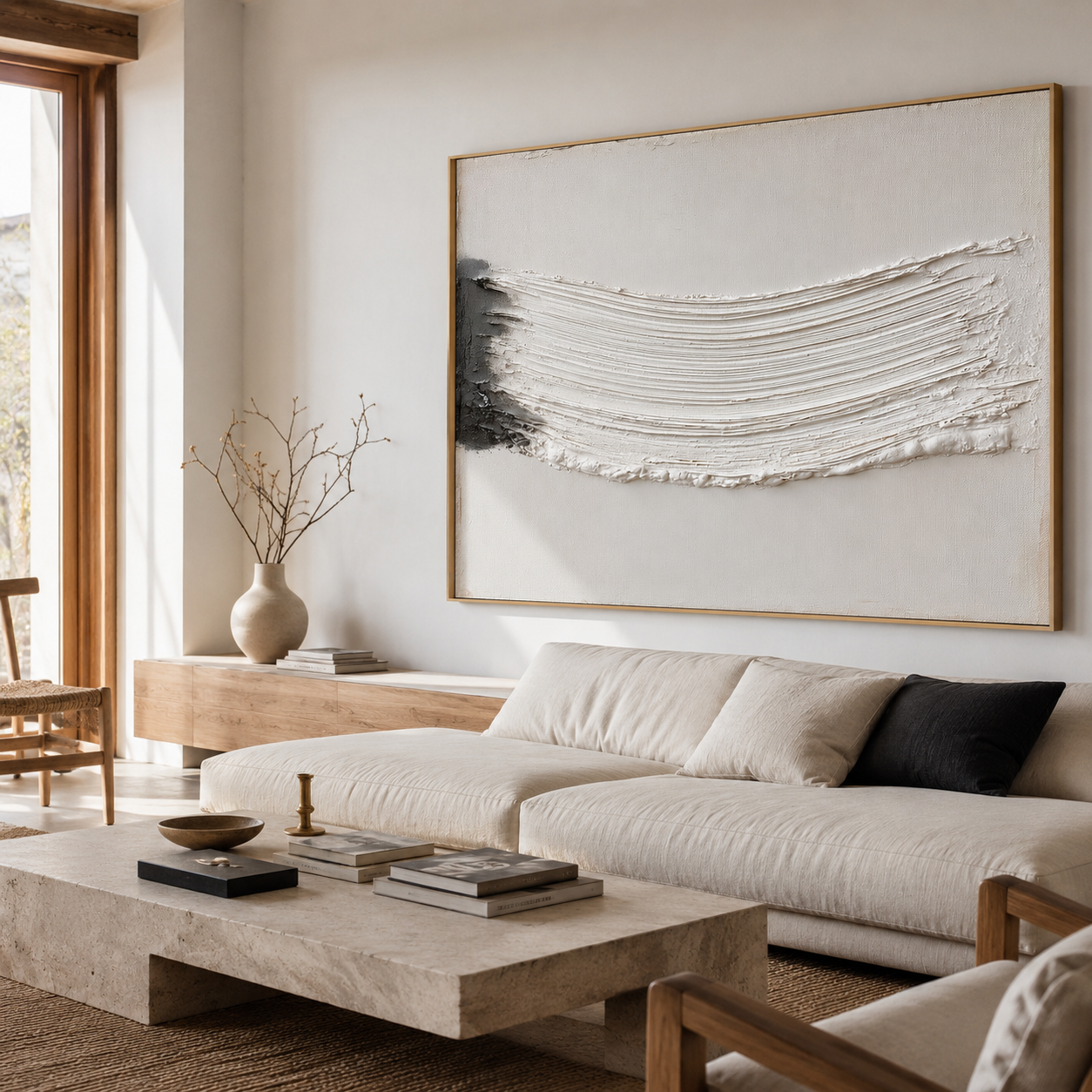 Minimalist textured abstract wall art with raised white wave brushstroke and dark gray black accent on neutral beige background