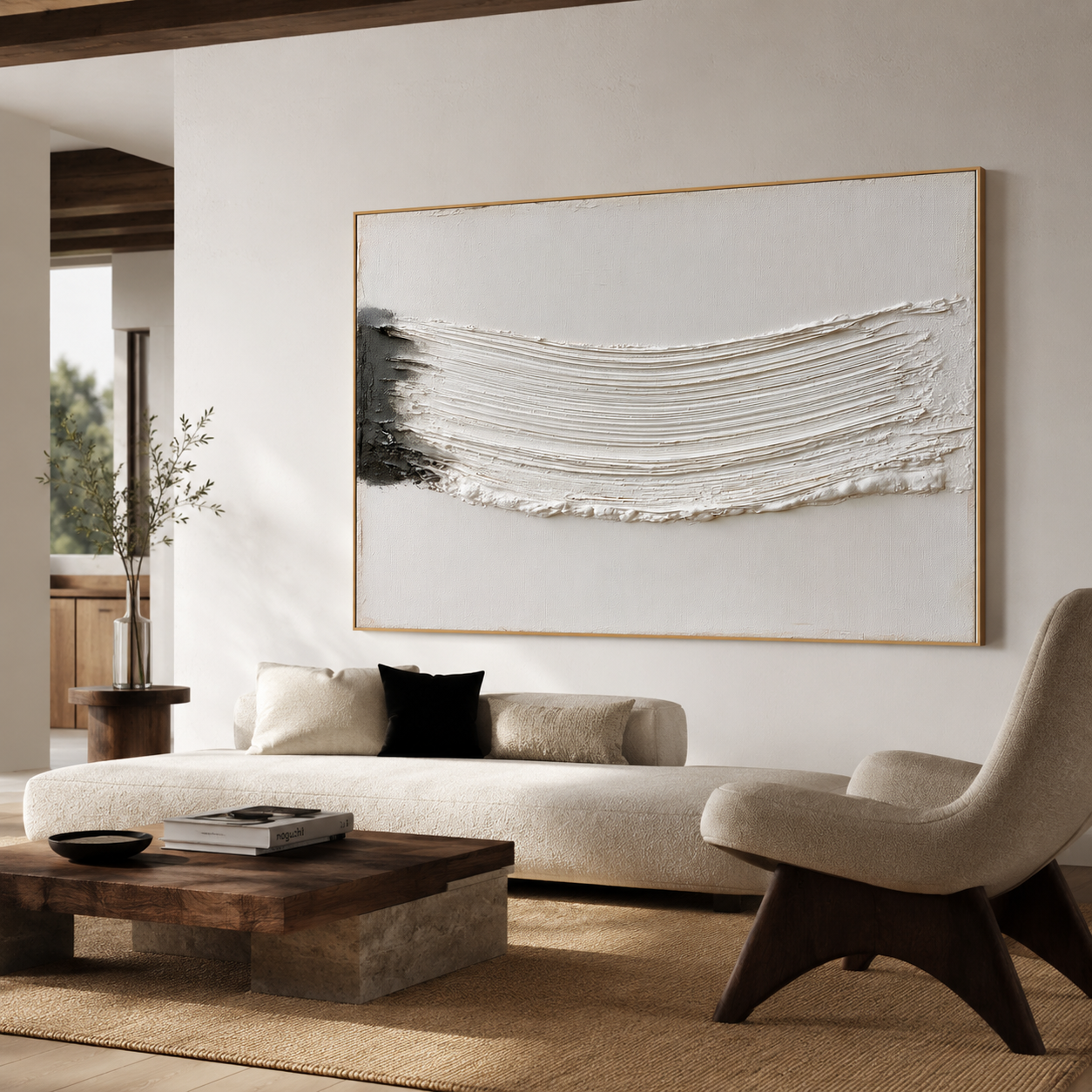 Minimalist textured abstract wall art with raised white wave brushstroke and dark gray black accent on neutral beige background