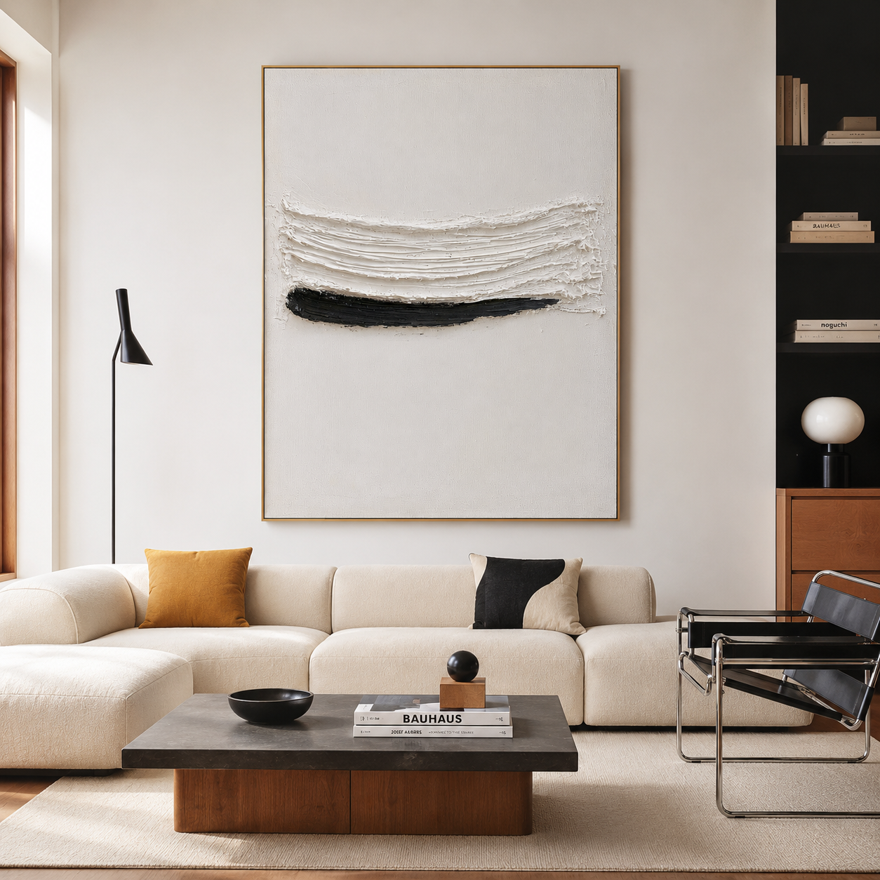 Minimalist textured abstract wall art with raised white brushstroke and black horizontal line on neutral cream background