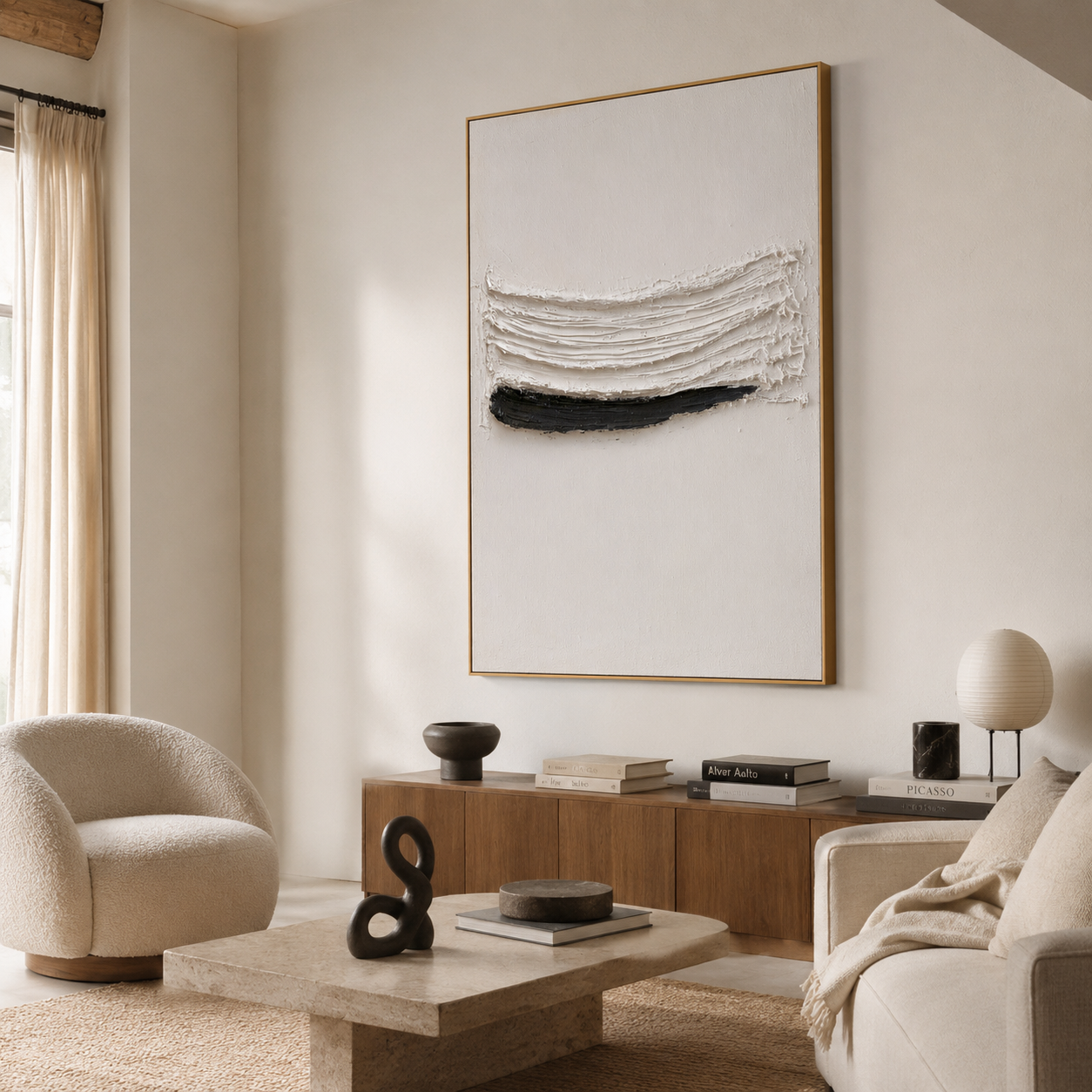 Minimalist textured abstract wall art with raised white brushstroke and black horizontal line on neutral cream background
