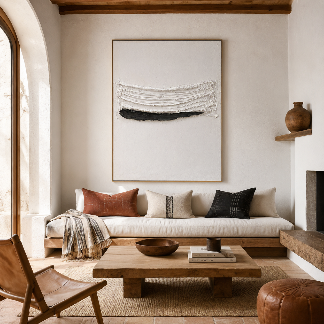 Minimalist textured abstract wall art with raised white brushstroke and black horizontal line on neutral cream background