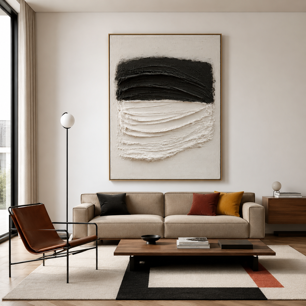 Black and white textured abstract wall art with layered charcoal and raised white brushstrokes on a neutral background