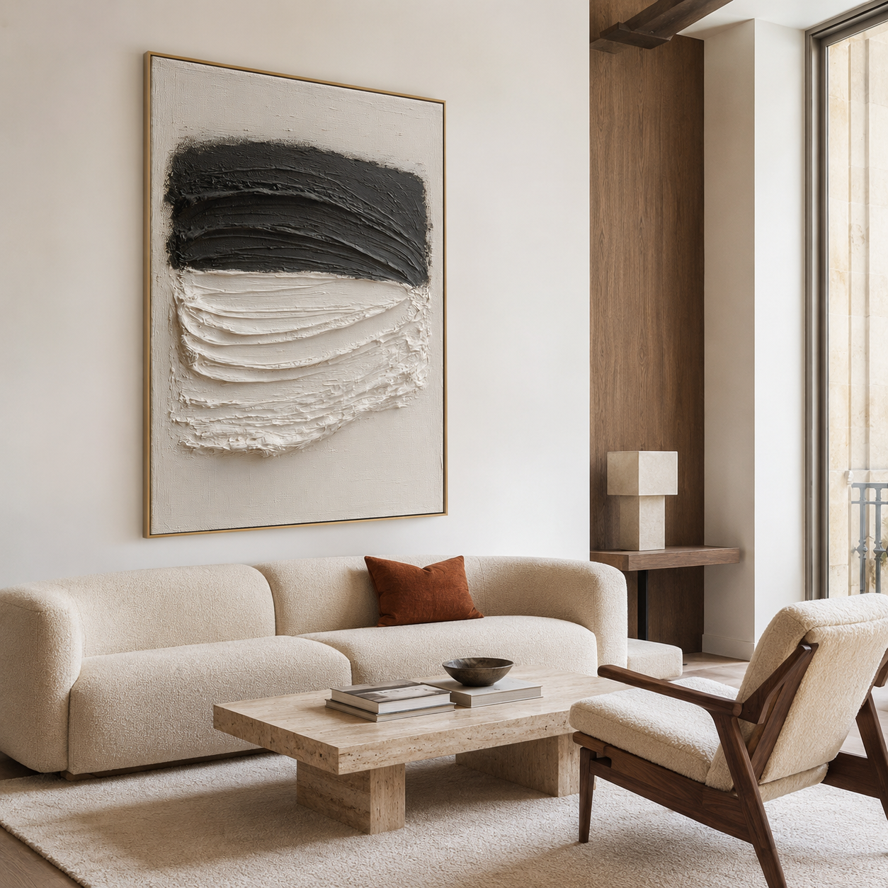 Black and white textured abstract wall art with layered charcoal and raised white brushstrokes on a neutral background
