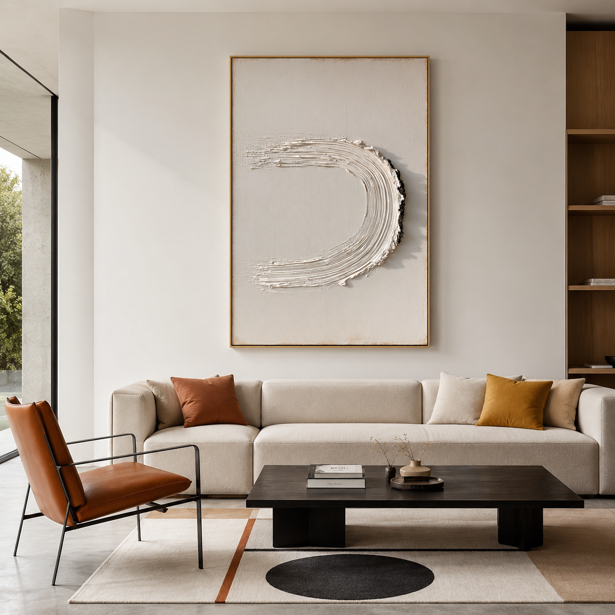 Minimalist textured abstract wall art with raised white U-shaped brushstroke and black accent on neutral cream background