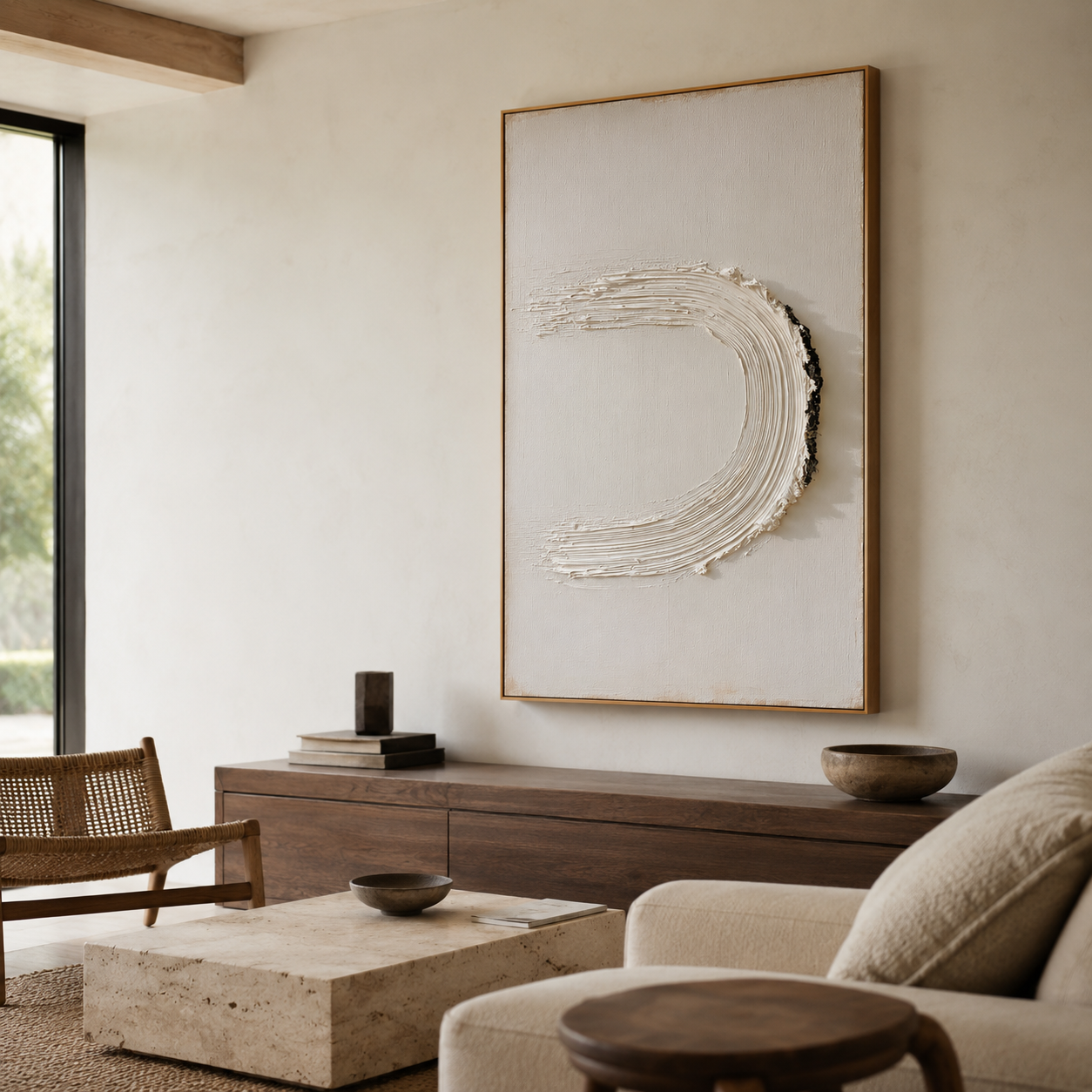 Minimalist textured abstract wall art with raised white U-shaped brushstroke and black accent on neutral cream background