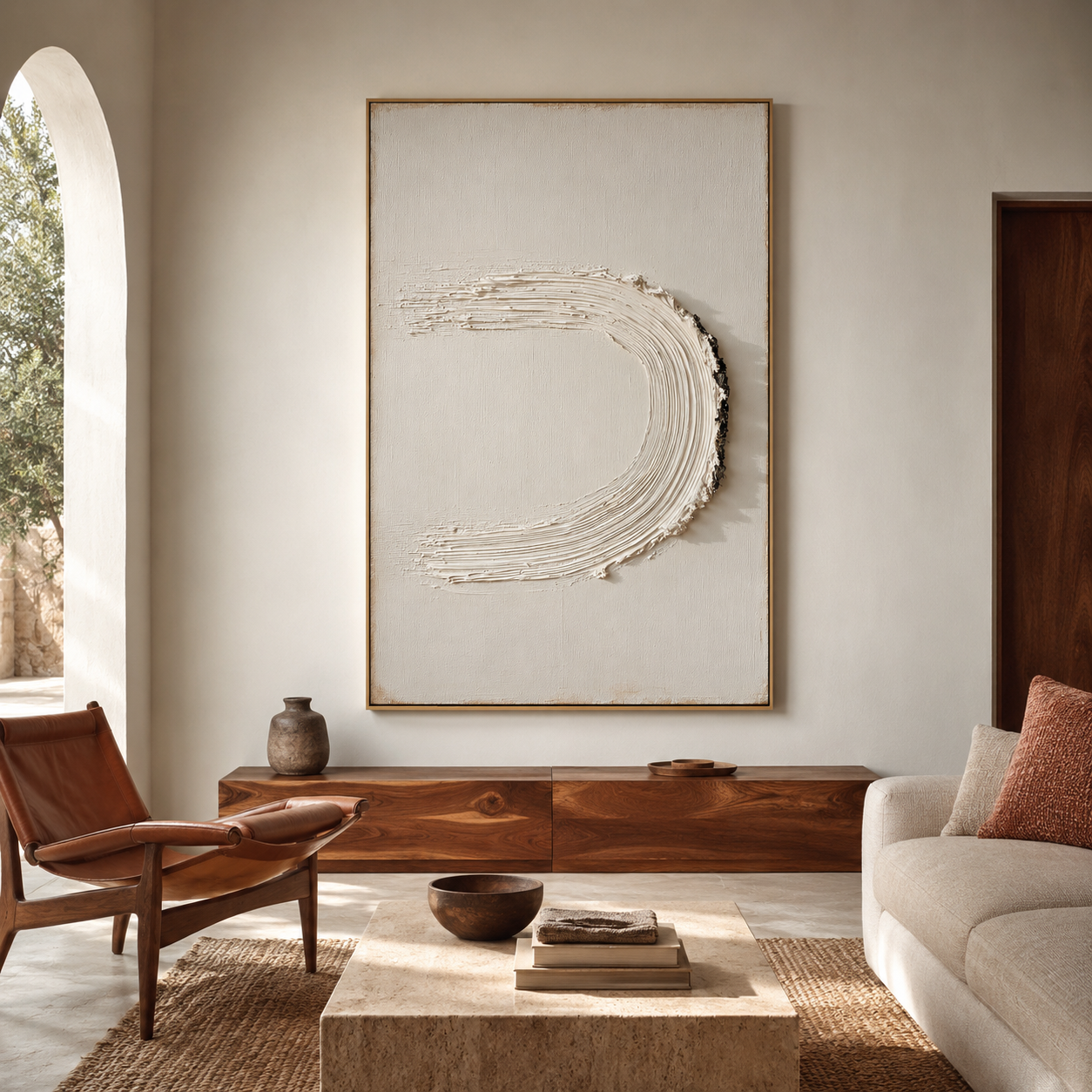 Minimalist textured abstract wall art with raised white U-shaped brushstroke and black accent on neutral cream background