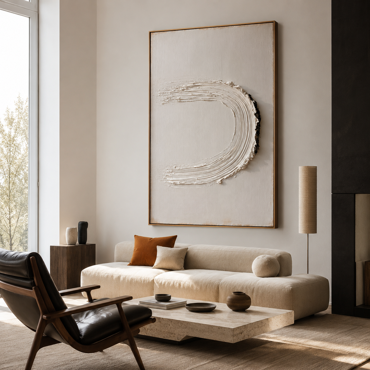 Minimalist textured abstract wall art with raised white U-shaped brushstroke and black accent on neutral cream background