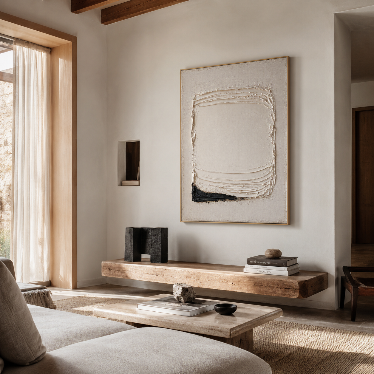 Minimalist white textured abstract wall art with layered brushstrokes and a small black accent on a cream background
