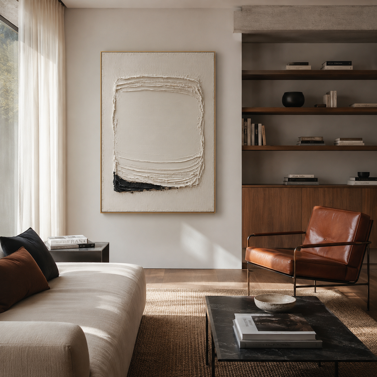 Minimalist white textured abstract wall art with layered brushstrokes and a small black accent on a cream background