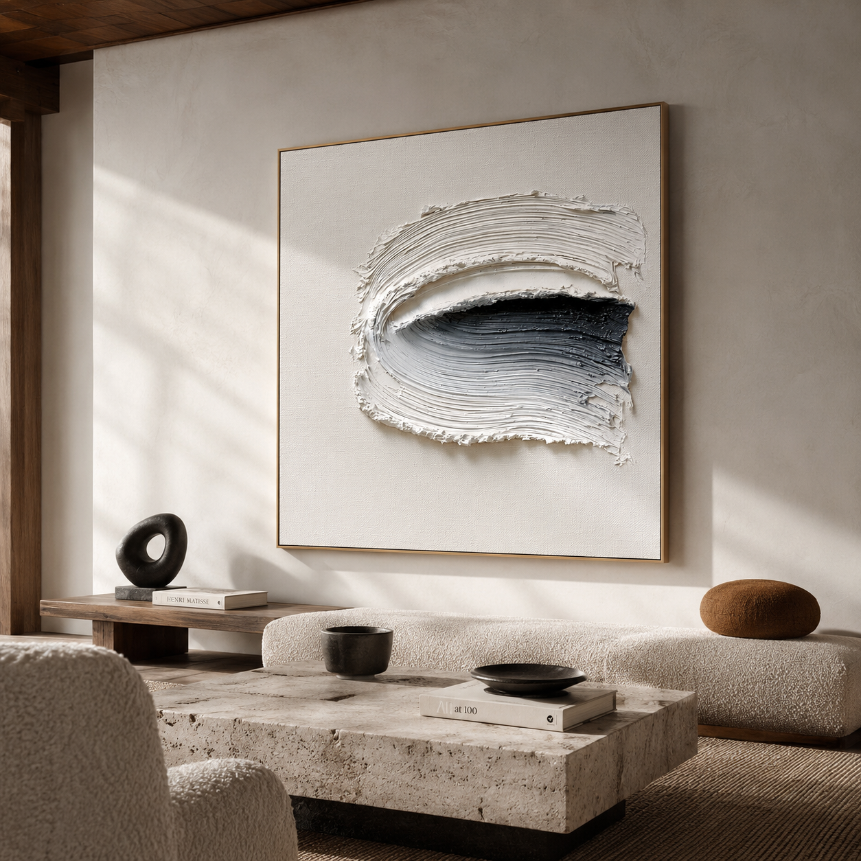 Blue gray textured abstract wall art with raised white curved brushstrokes and dark navy black accents