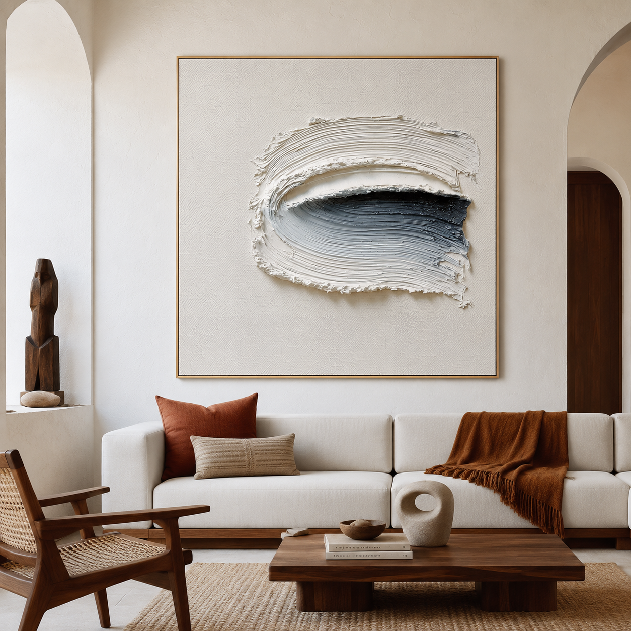 Blue gray textured abstract wall art with raised white curved brushstrokes and dark navy black accents