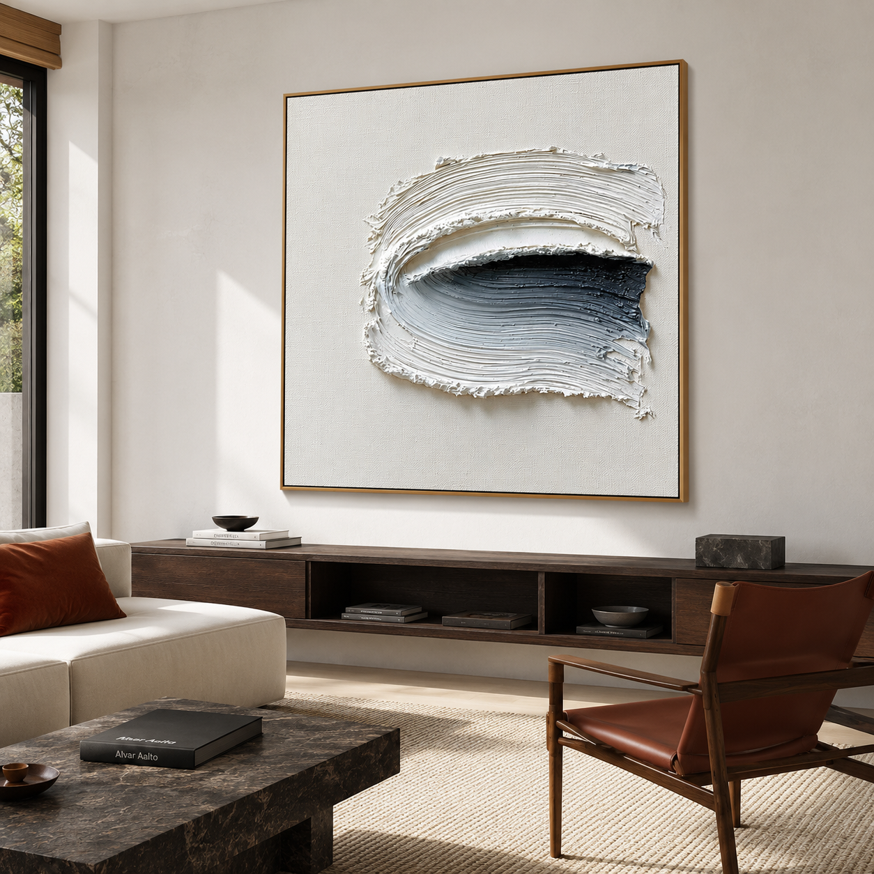 Blue gray textured abstract wall art with raised white curved brushstrokes and dark navy black accents