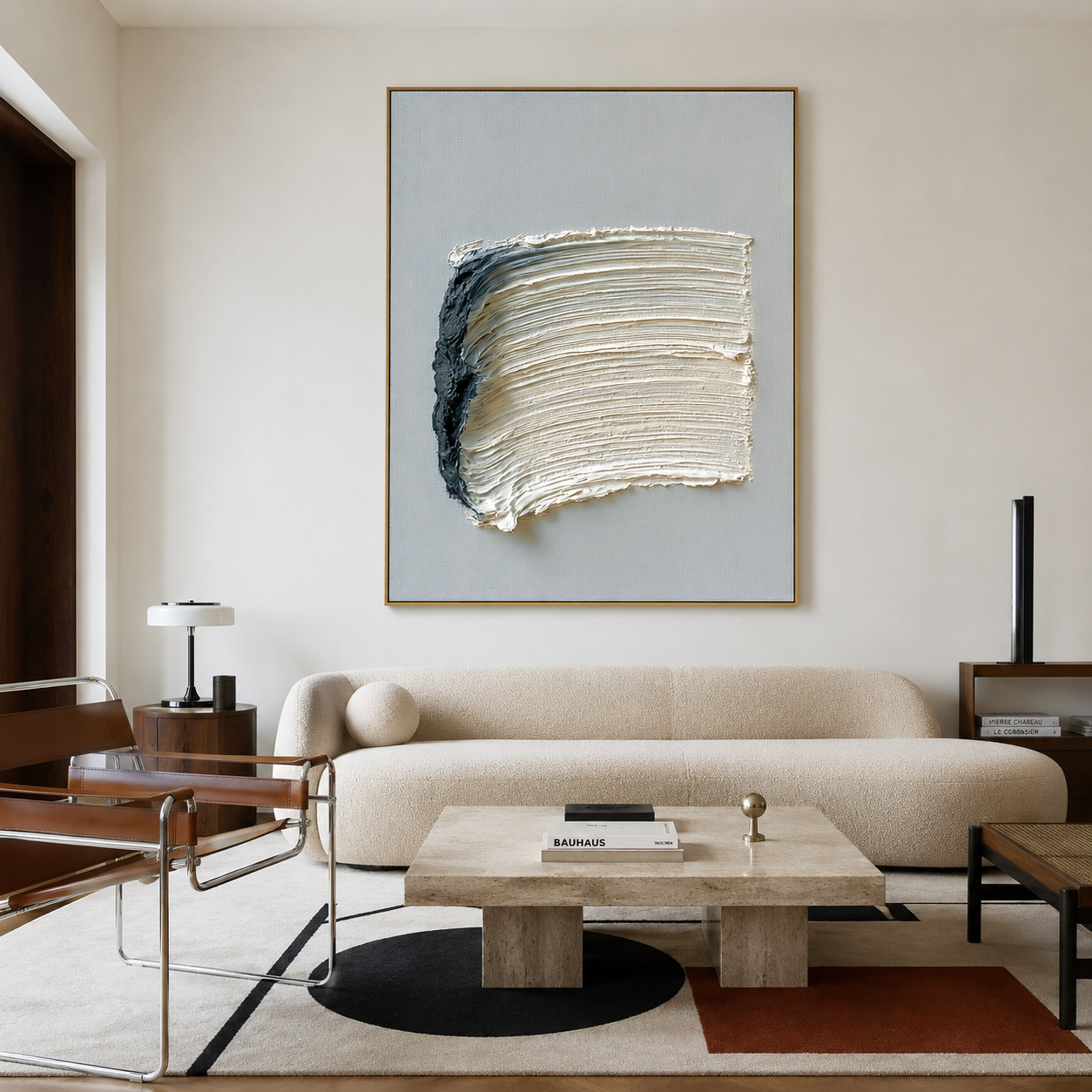 Blue and white textured abstract wall art with raised cream brushstrokes and deep navy accent on a pale blue background