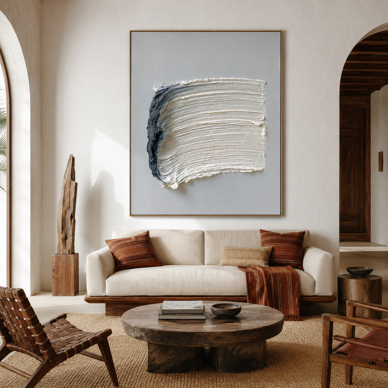 Blue and white textured abstract wall art with raised cream brushstrokes and deep navy accent on a pale blue background