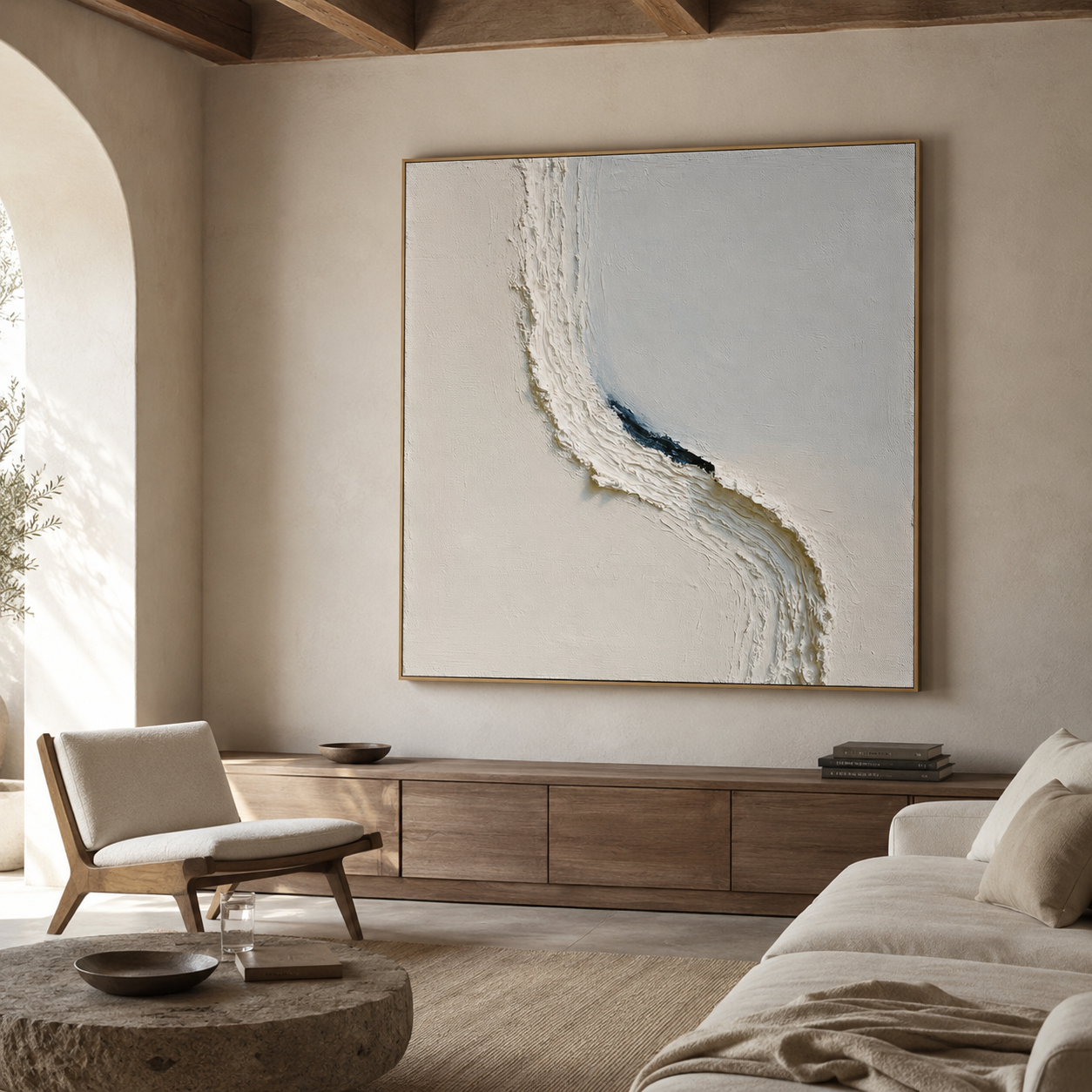 Blue and white textured abstract wall art with raised curved brushstroke and dark navy accent on a cream background