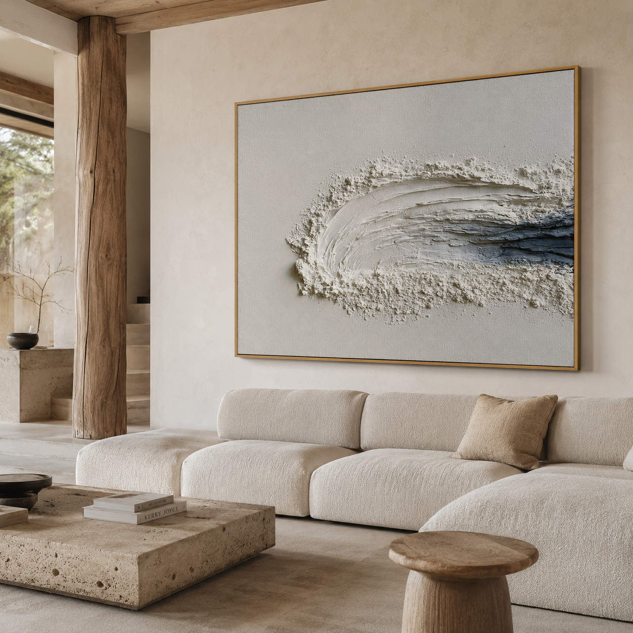Blue and white textured abstract wall art with raised ocean wave brushstrokes and deep navy accents