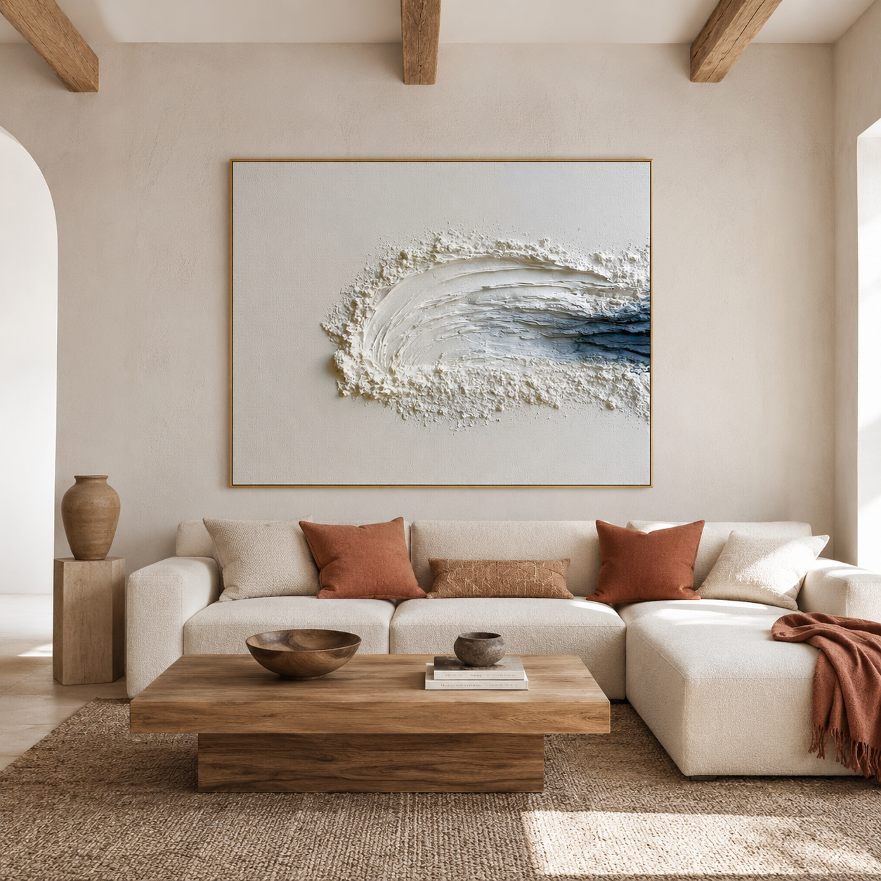 Blue and white textured abstract wall art with raised ocean wave brushstrokes and deep navy accents