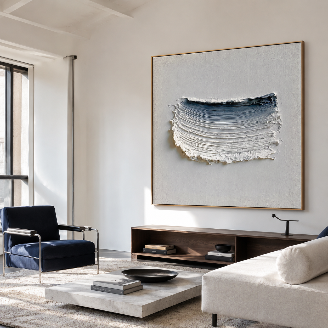 Blue textured abstract wall art with raised white brushstrokes and deep navy accent on a light neutral background