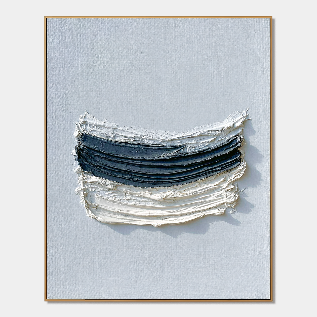 Blue and white textured abstract wall art with layered navy brushstrokes on a pale blue background