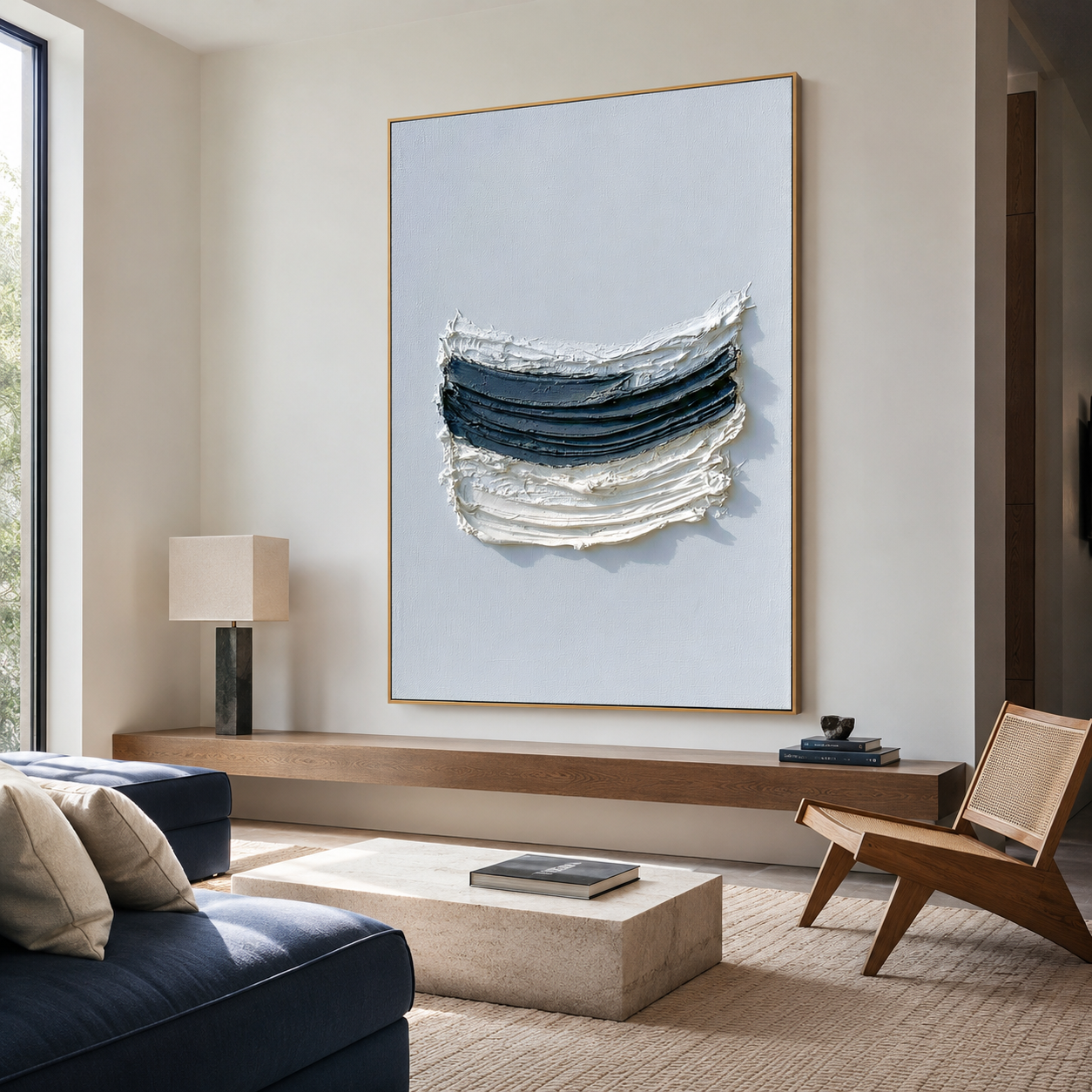 Blue and white textured abstract wall art with layered navy brushstrokes on a pale blue background