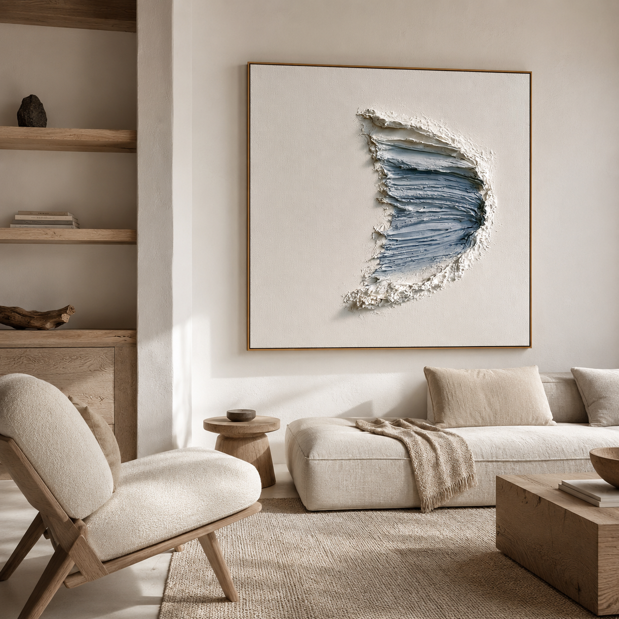 Blue textured abstract wall art with raised crescent brushstrokes in pale blue and white on a neutral background