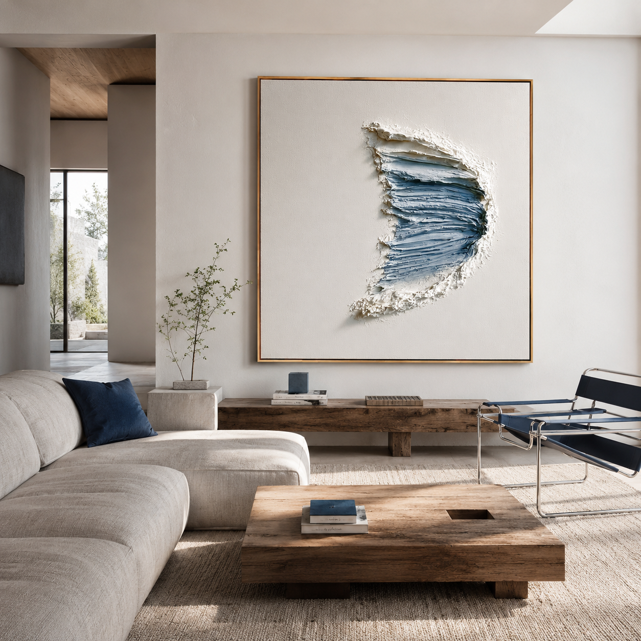 Blue textured abstract wall art with raised crescent brushstrokes in pale blue and white on a neutral background