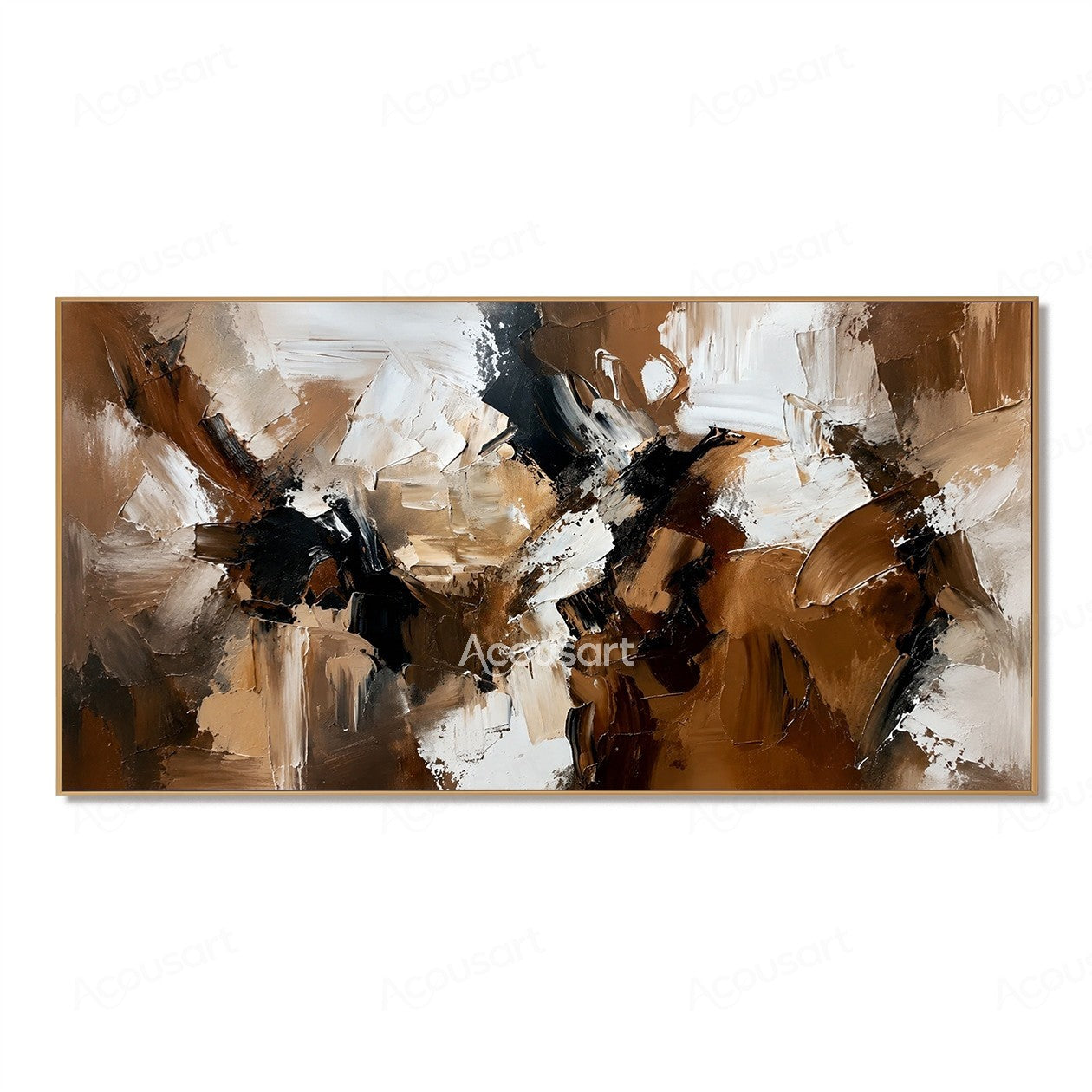 Horizontal abstract textured wall art with layered brown, black, white, beige, and taupe impasto brushstrokes