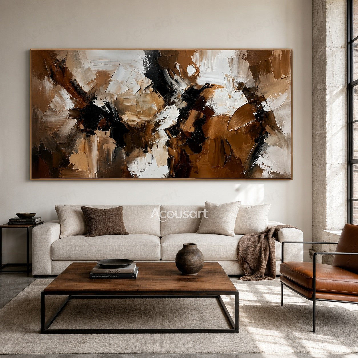 Horizontal abstract textured wall art with layered brown, black, white, beige, and taupe impasto brushstrokes
