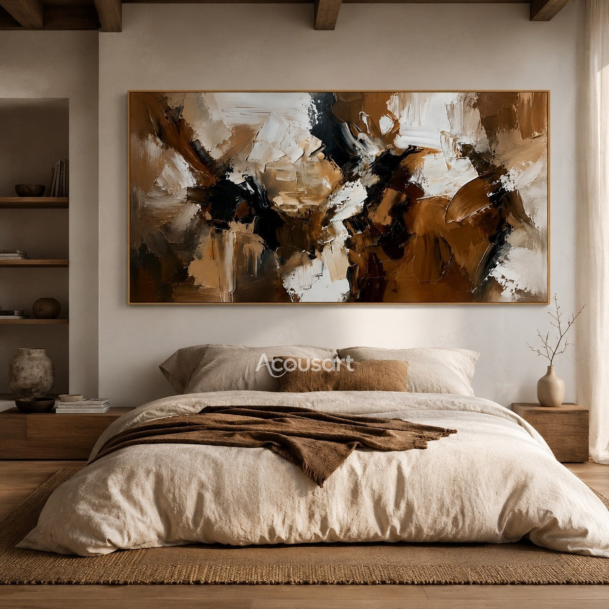 Horizontal abstract textured wall art with layered brown, black, white, beige, and taupe impasto brushstrokes